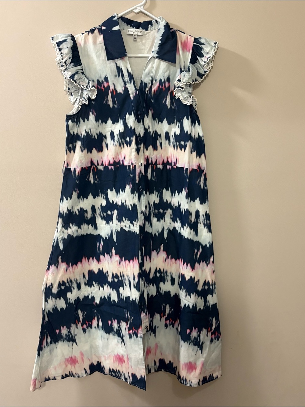 Sleeveless Midi Dress in Navy, White & Pink Tie-Dye